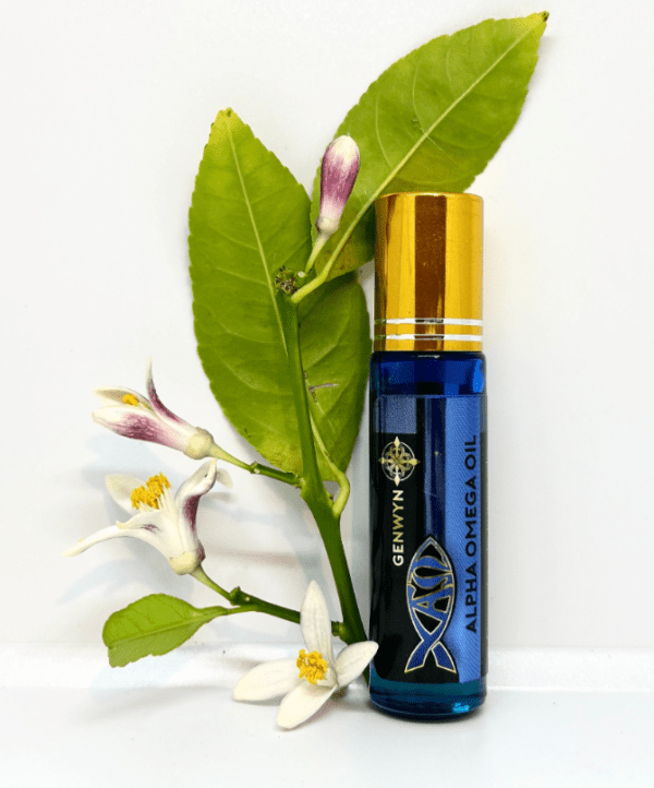 A bottle of aroma oil next to a branch with flowers.