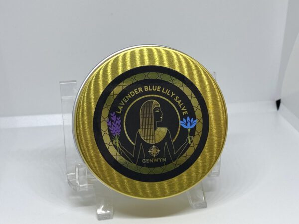 A yellow tin with a black and purple logo