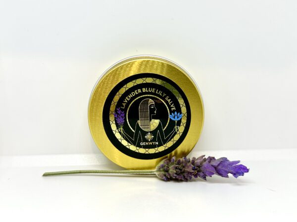 A gold tin with lavender on it