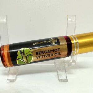 A bottle of bergamot vetiver oil on display.