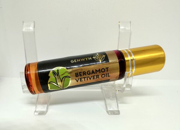 A bottle of bergamot vetiver oil on display.