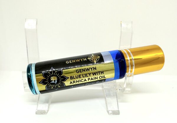 A glass tube of blue jet with arnica pain oil.