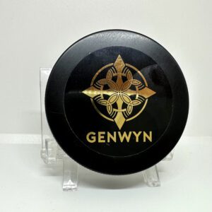 Genwyn black round compact with gold emblem