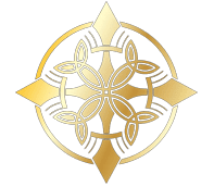 A gold colored celtic design on green background.